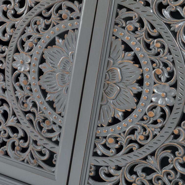 Gray Floral Carved 32" Tall Accent Cabinet with Solid Wood Legs