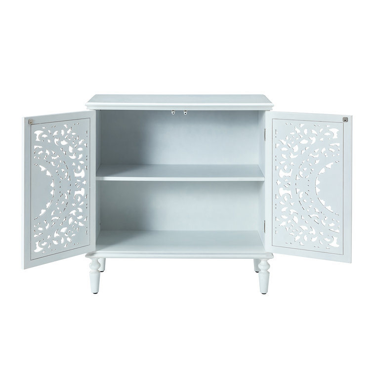 White Freestanding 2-Door Accent Cabinet with Carved Floral Design