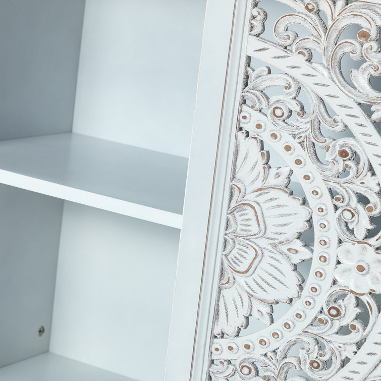 White Freestanding 2-Door Accent Cabinet with Carved Floral Design