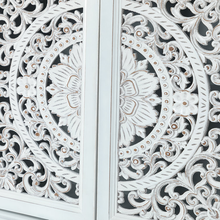 White Freestanding 2-Door Accent Cabinet with Carved Floral Design