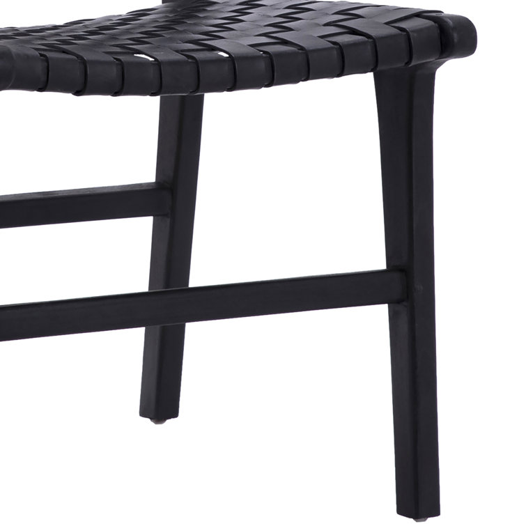 Antique Black Leather Teak Wood Woven Side Chair