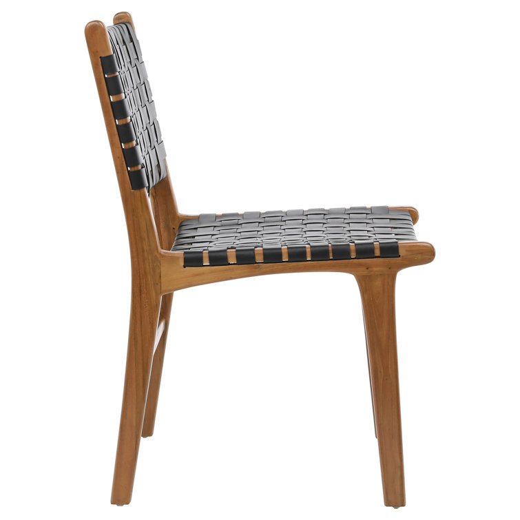 Black Leather Woven Upholstered Side Chair with Natural Wood Frame