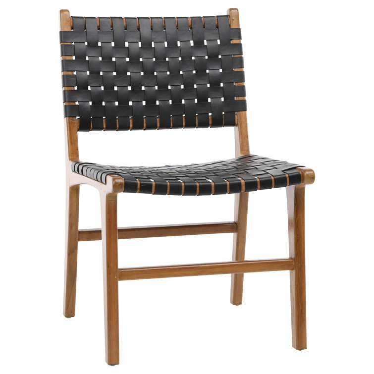 Black Leather Woven Upholstered Side Chair with Natural Wood Frame