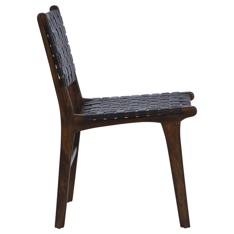Black Leather Woven Upholstered Side Chair with Natural Wood Frame