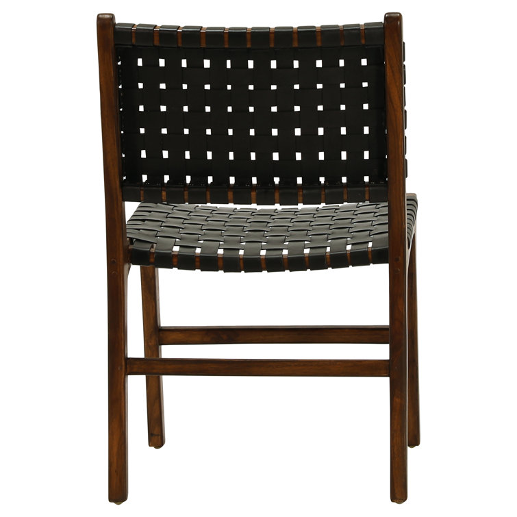 Black Leather Woven Upholstered Side Chair with Natural Wood Frame