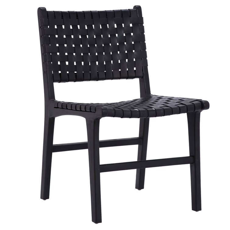 Antique Black Leather Teak Wood Woven Side Chair