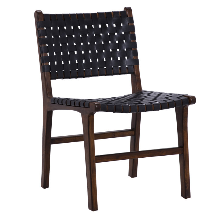 Black Leather Woven Upholstered Side Chair with Natural Wood Frame