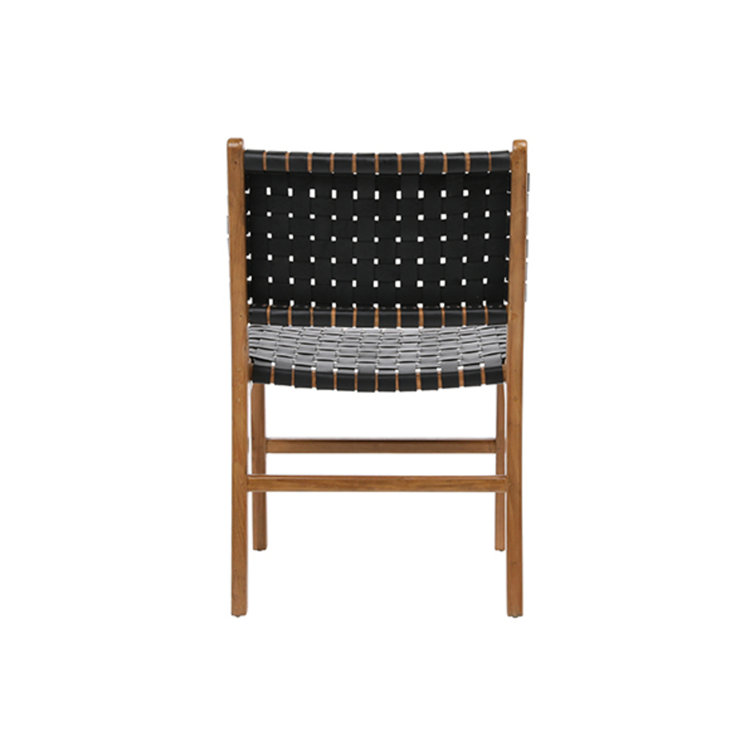 Black Leather Woven Upholstered Side Chair with Natural Wood Frame