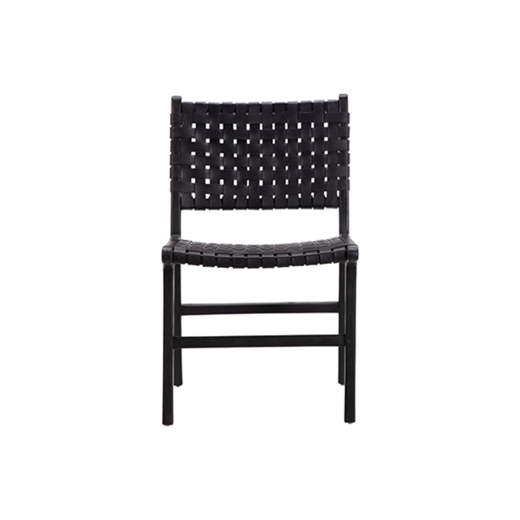 Black Leather Woven Upholstered Side Chair with Natural Wood Frame