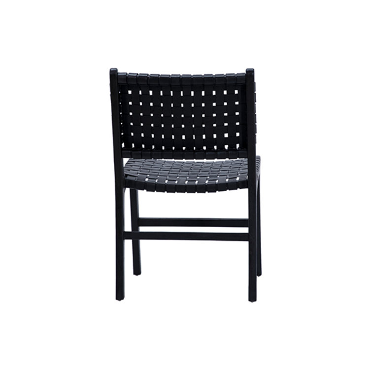 Black Leather Woven Upholstered Side Chair with Natural Wood Frame