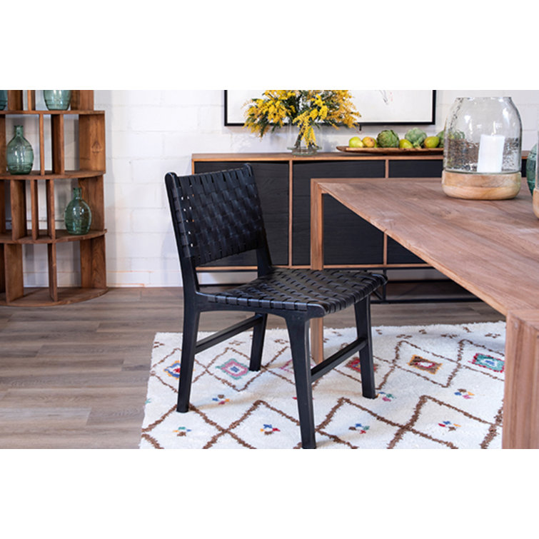 Black Leather Woven Upholstered Side Chair with Natural Wood Frame