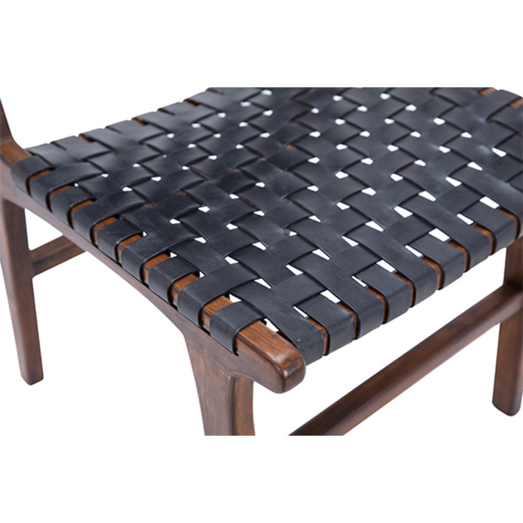 Black Leather Woven Upholstered Side Chair with Natural Wood Frame