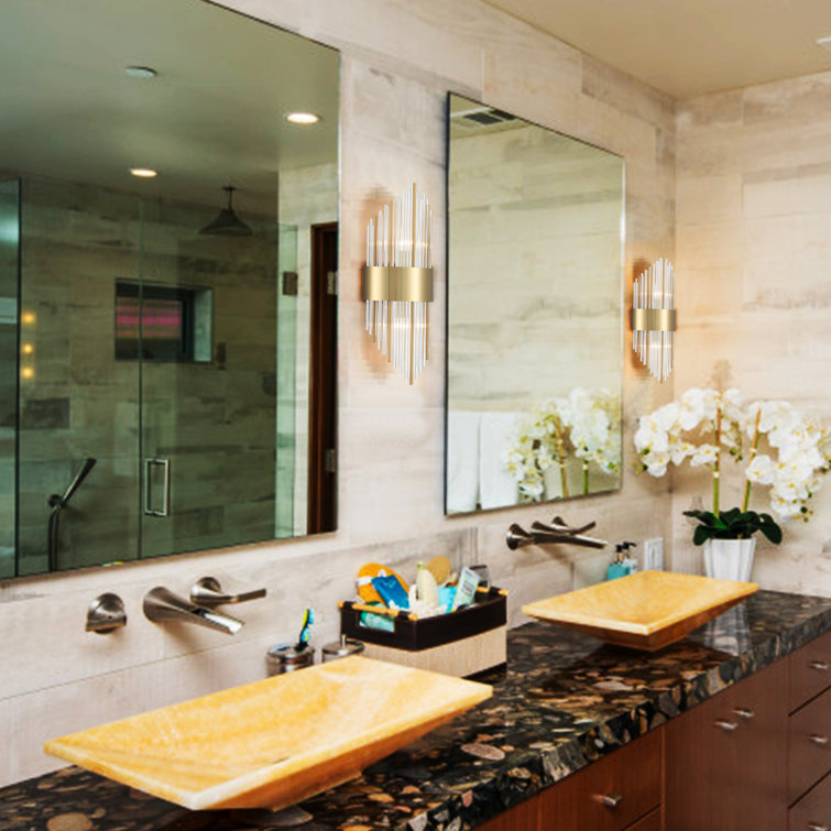 Brushed Brass and Clear Crystal Glass Rod Wall Sconce Set
