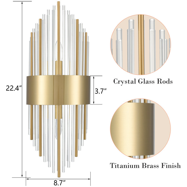 Brushed Brass and Clear Crystal Glass Rod Wall Sconce Set