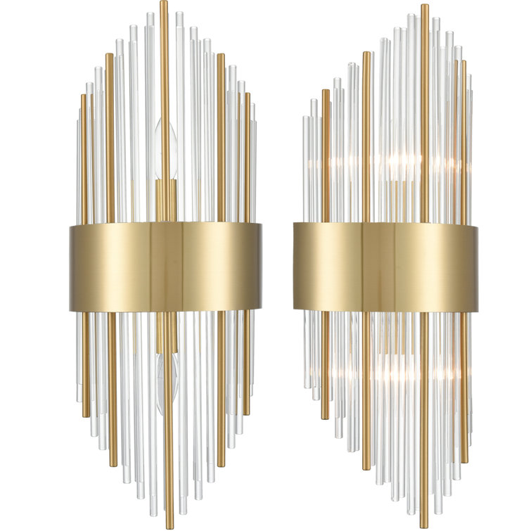 Brushed Brass and Clear Crystal Glass Rod Wall Sconce Set