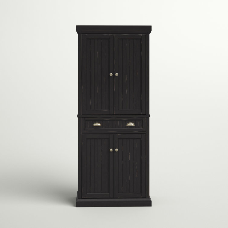 Seaside Distressed Black Solid Hardwood Coastal Pantry Cabinet