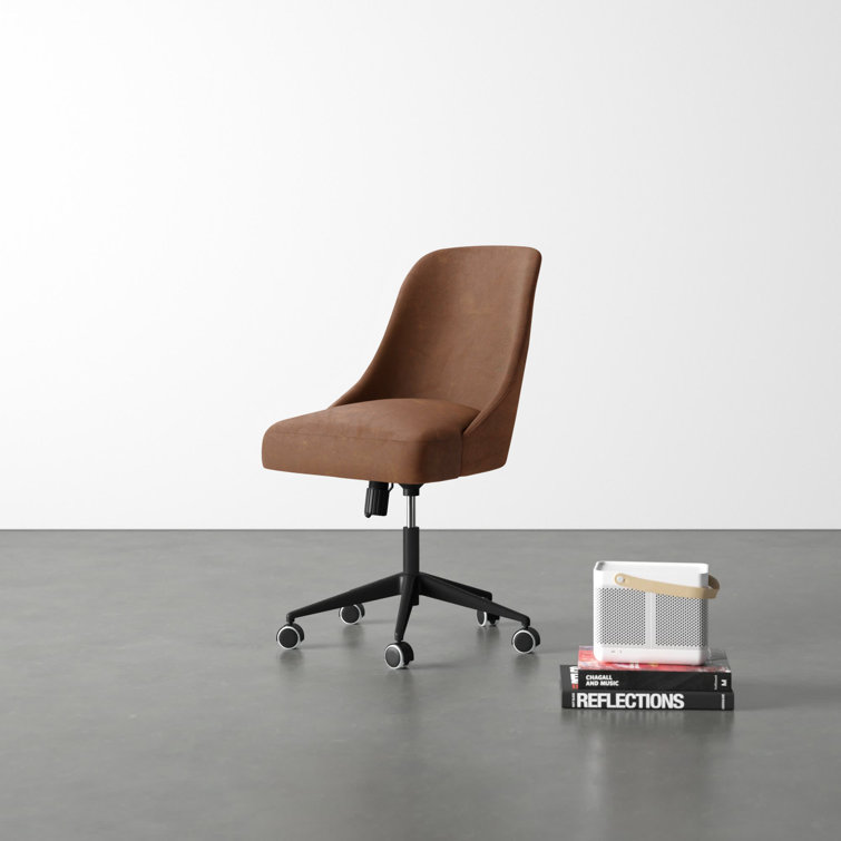 Distressed Saddle Brown Faux Leather Swivel Task Chair with Solid Wood Frame