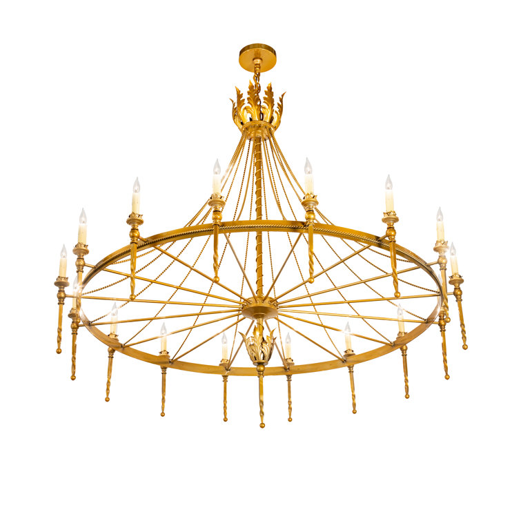 Gold 16-Light Wagon Wheel Chandelier with Ivory Faux Candlelights
