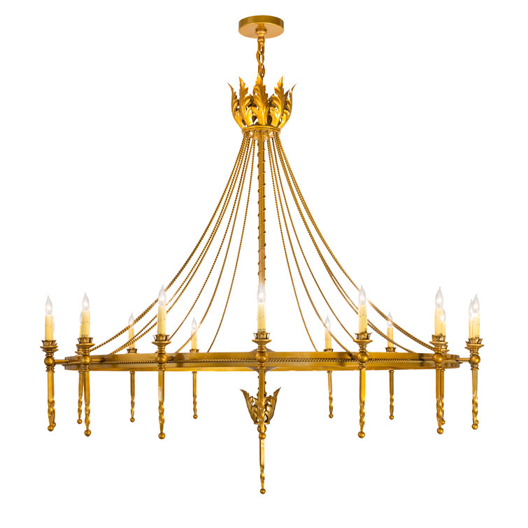 Gold 16-Light Wagon Wheel Chandelier with Ivory Faux Candlelights