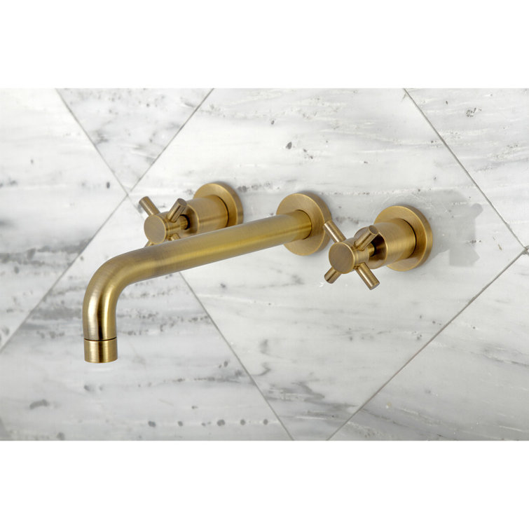 Brushed Brass Double Handle Wall Mount Tub Faucet