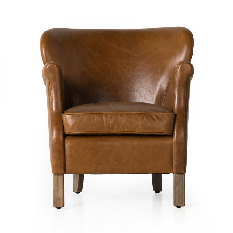 Vintage Camel Leather Club Chair with Ash Wood Legs