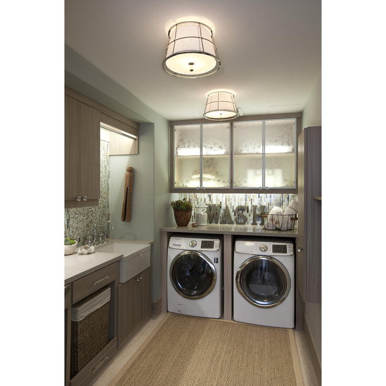 Polished Nickel and Ivory Drum Flush Mount Light