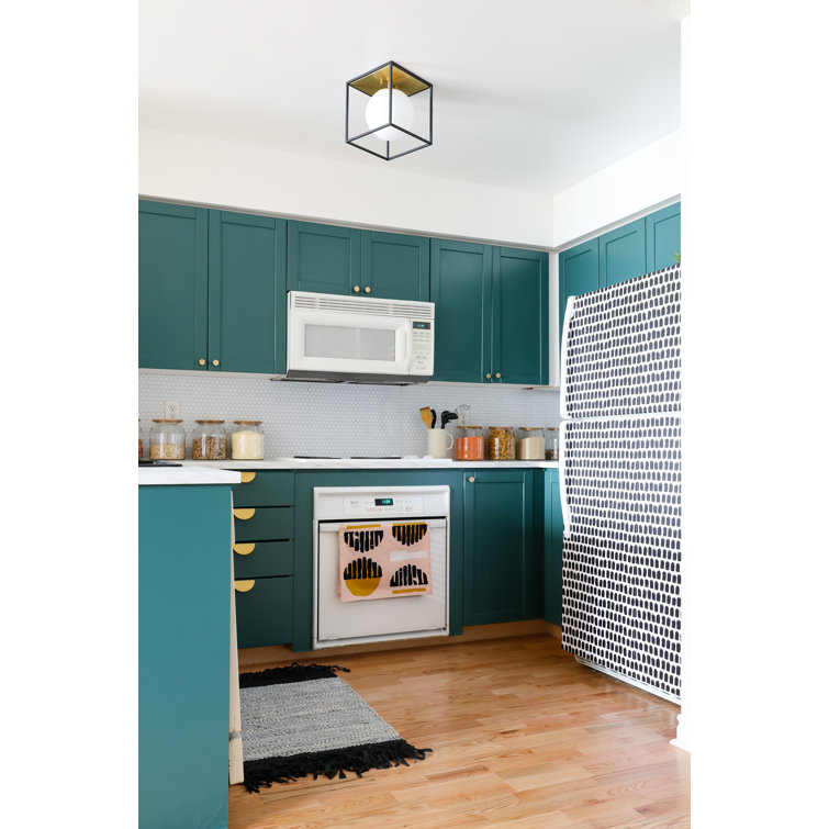 Aged Brass and Black Glass Globe Flush Mount Light
