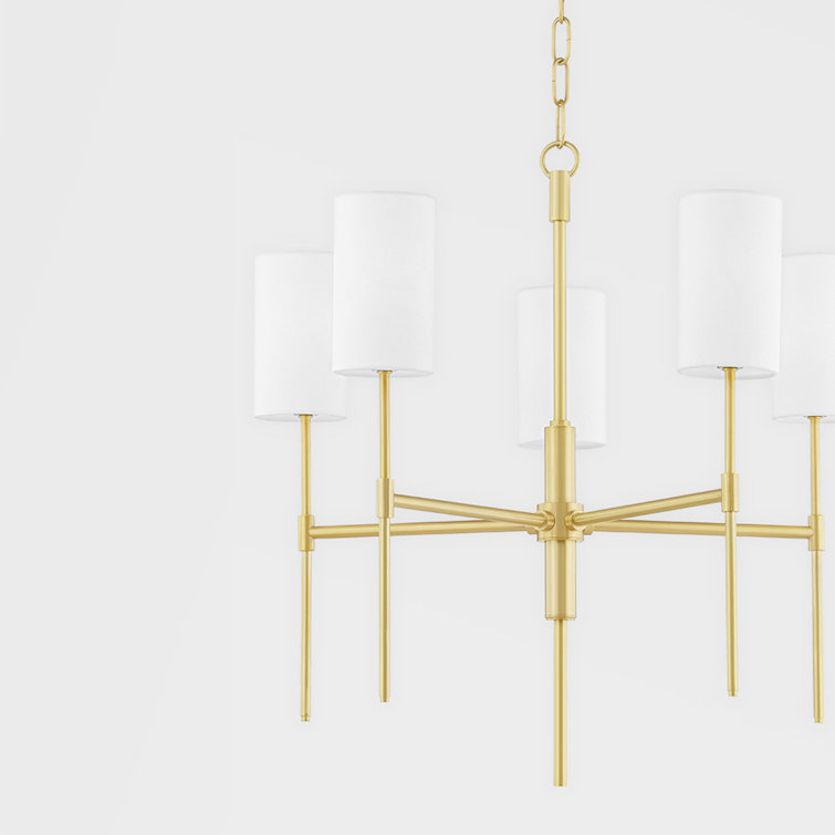 Aged Brass 8-Light Chandelier with White Linen Shades