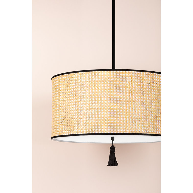 Dolores Soft Black and Natural Cane 3-Light Drum Pendant