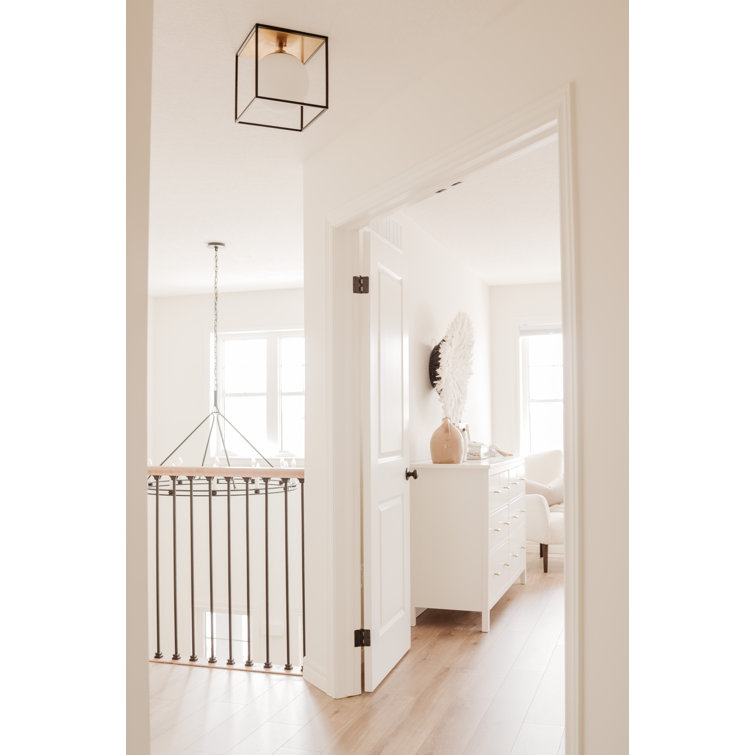 Aged Brass and Black Glass Globe Flush Mount Light