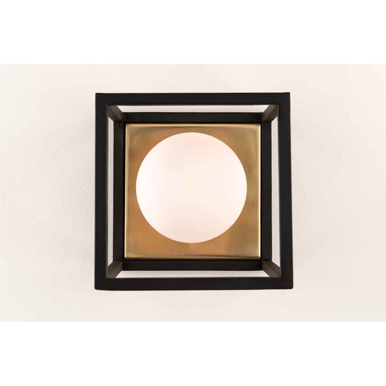 Aged Brass and Black Glass Globe Flush Mount Light