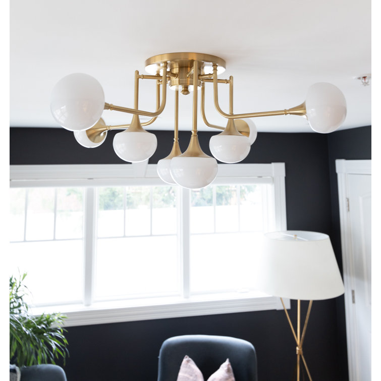Aged Brass 8-Light Glass Semi-Flush Mount