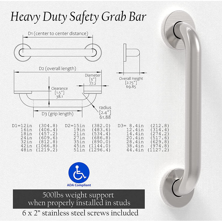 Stainless Steel Safety Handrail for Bathroom, 17.5" W