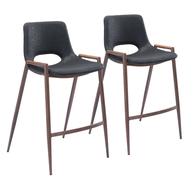 Black Leather and Walnut Wood Counter Stools, Set of 2