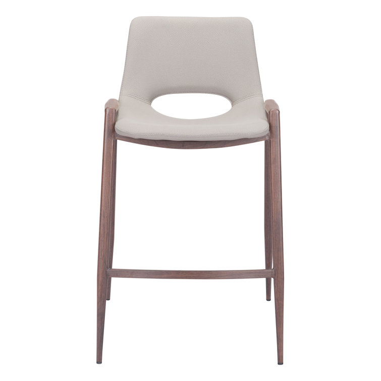 Beige Upholstered Counter Stool with Walnut Veneer Legs