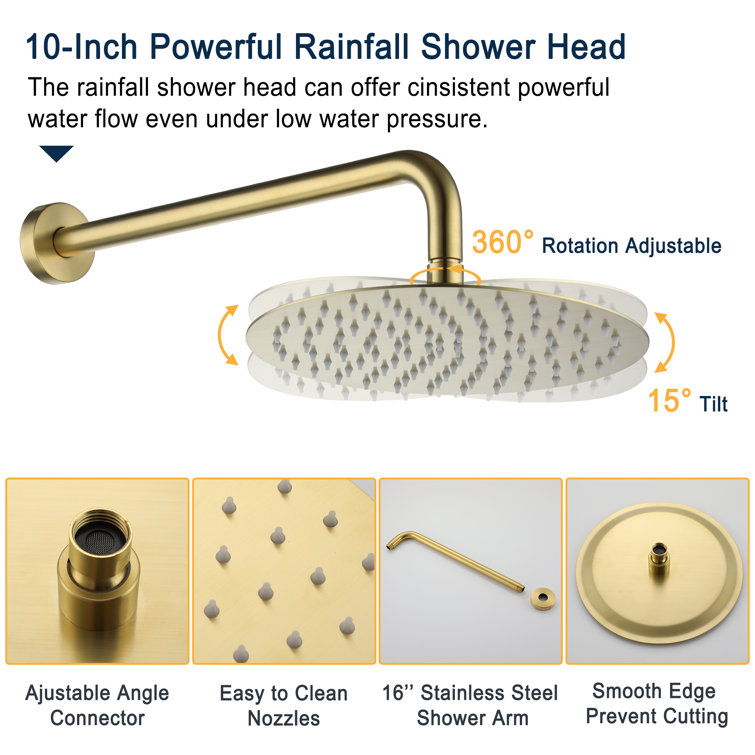 Brushed Gold Wall Mounted Rain Shower System with Handheld