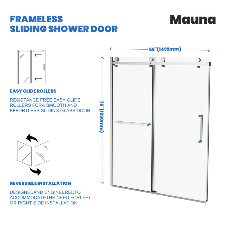 Oceanus 55''-59'' Frameless Clear Tempered Glass Shower Door