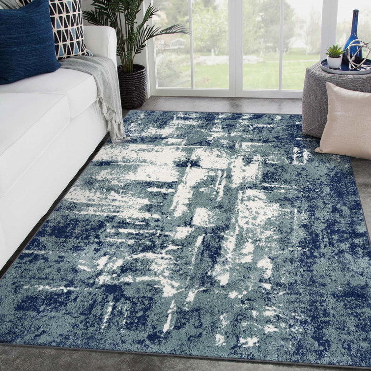 Blue and White Abstract Synthetic Rectangular Area Rug, 5' x 7'
