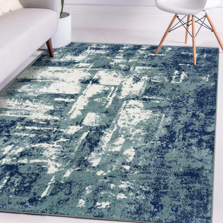 Blue and White Abstract Synthetic Rectangular Area Rug, 5' x 7'