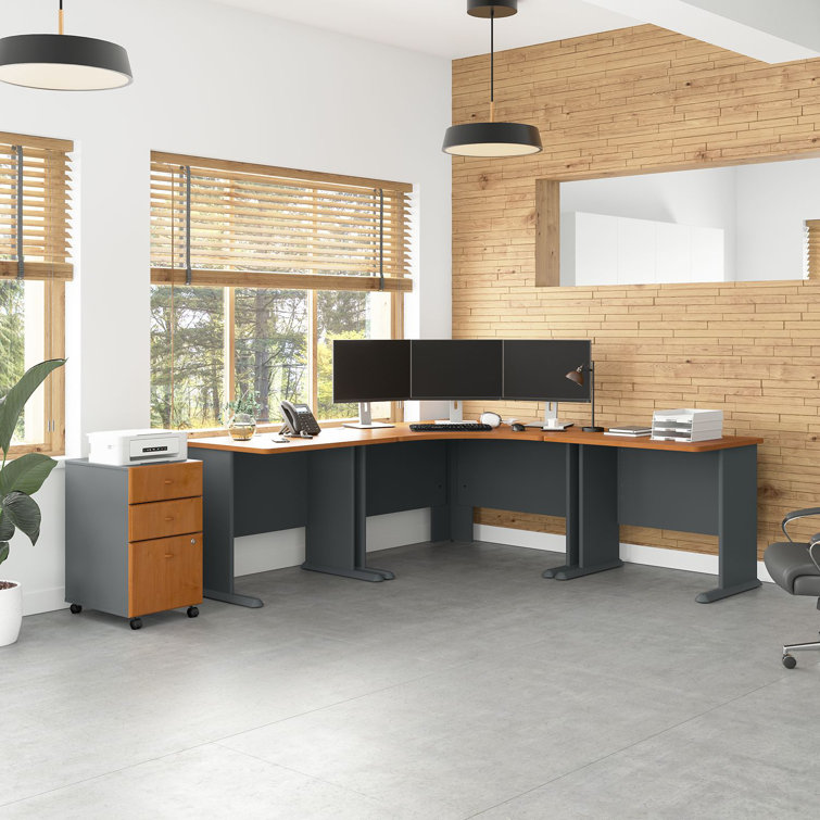 Natural Cherry L-Shape Executive Desk with Mobile File Cabinet