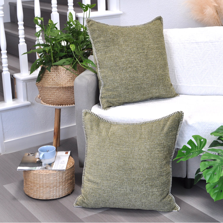 Olive Green Chenille Square Throw Pillow Covers with Stitched Edge, Set of 2
