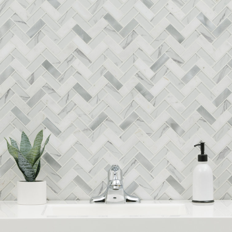 Bytle Bianco Herringbone 12'' x 12'' Stone, Glass, and Metal Mosaic Tile