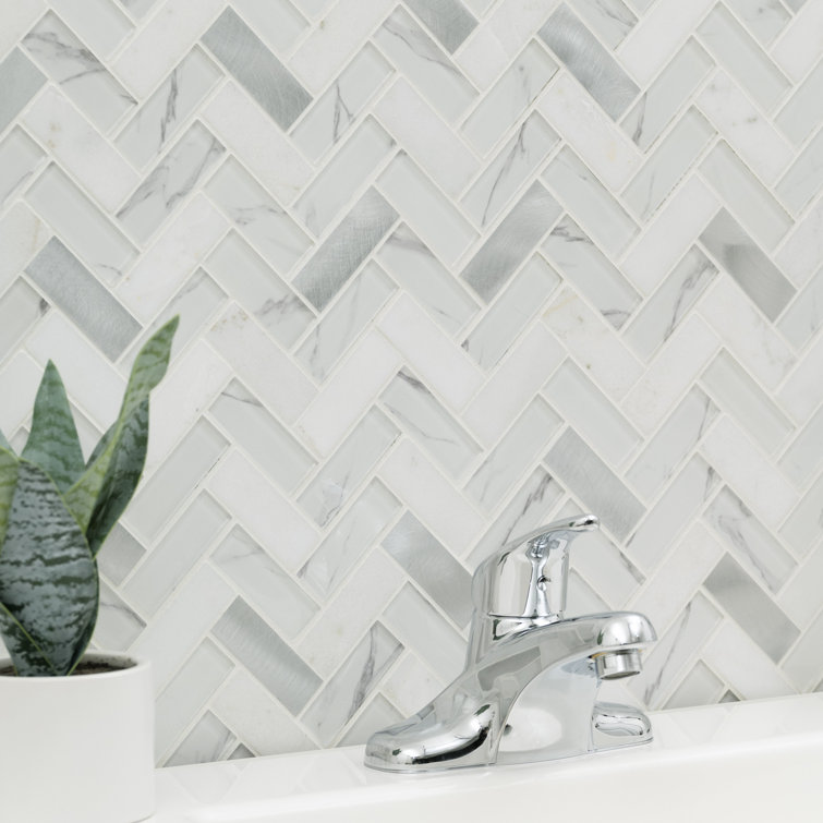 Bytle Bianco Herringbone 12'' x 12'' Stone, Glass, and Metal Mosaic Tile