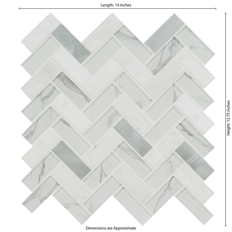 Bytle Bianco Herringbone 12'' x 12'' Stone, Glass, and Metal Mosaic Tile