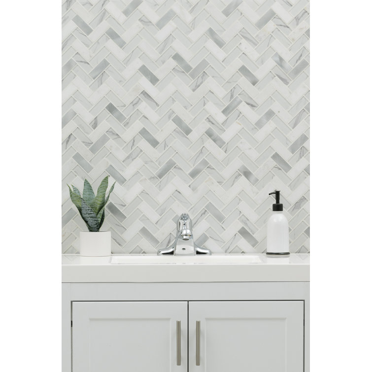 Bytle Bianco Herringbone 12'' x 12'' Stone, Glass, and Metal Mosaic Tile