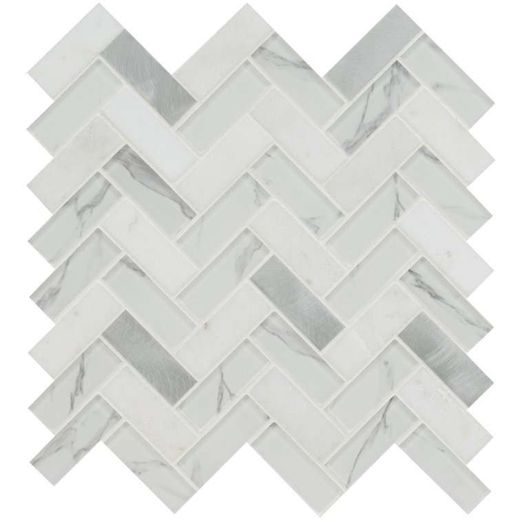Bytle Bianco Herringbone 12'' x 12'' Stone, Glass, and Metal Mosaic Tile