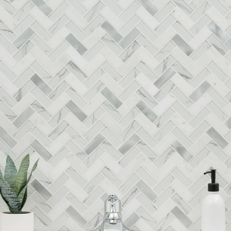 Bytle Bianco Herringbone 12'' x 12'' Stone, Glass, and Metal Mosaic Tile