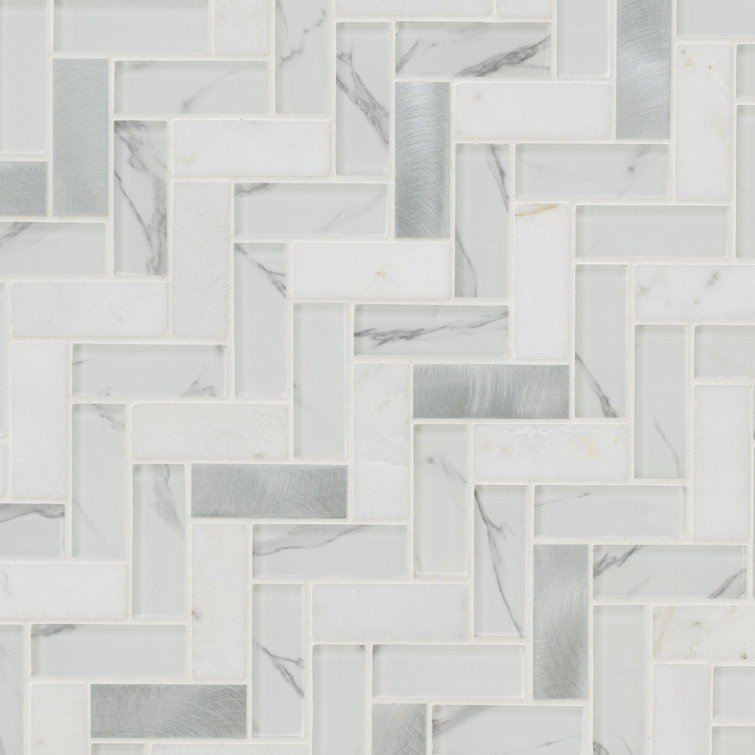 Bytle Bianco Herringbone 12'' x 12'' Stone, Glass, and Metal Mosaic Tile