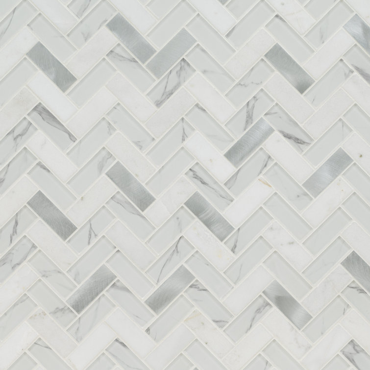 Bytle Bianco Herringbone 12'' x 12'' Stone, Glass, and Metal Mosaic Tile