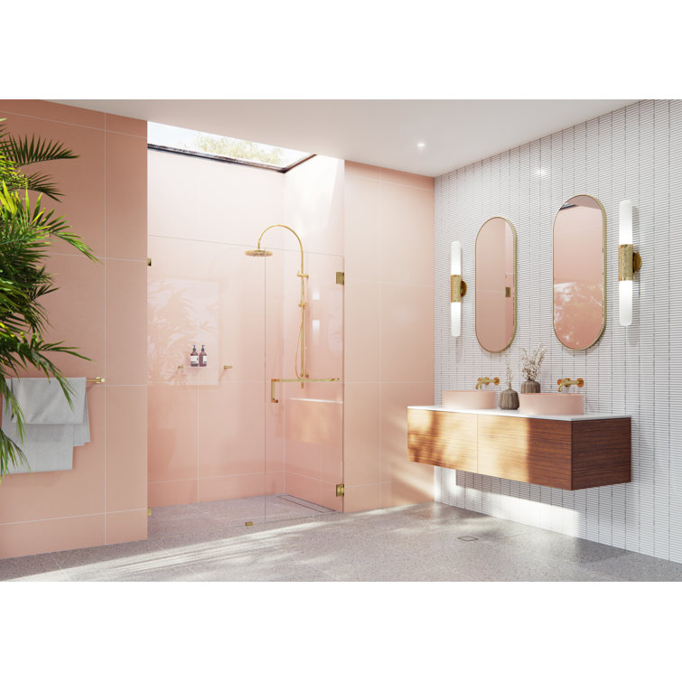 Polished Brass Frameless Glass Shower Door with Chrome Towel Bar